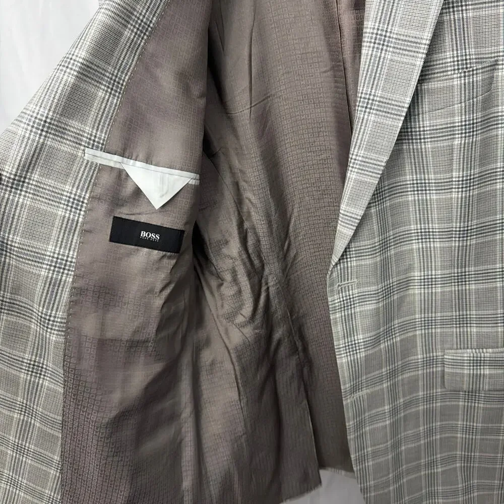 Hugo Boss Mens Blazer 42L Wool Gray Plaid Jacket Italy